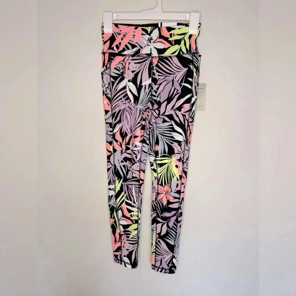 NWT DKNY Sport 7/8 Leggings Women's XS Pink Floral High Rise Side Pockets - Picture 1 of 15